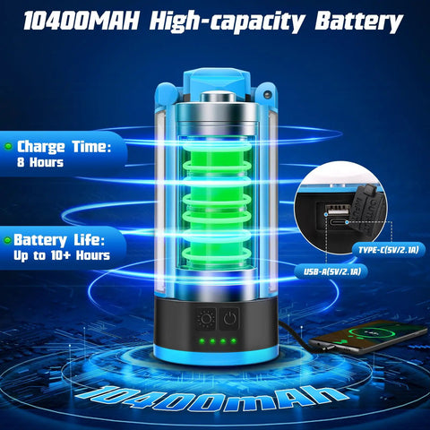 Rechargeable Camping Light With Stand And Detachable Tripod 10400MAH battery, showing charge time and connections.