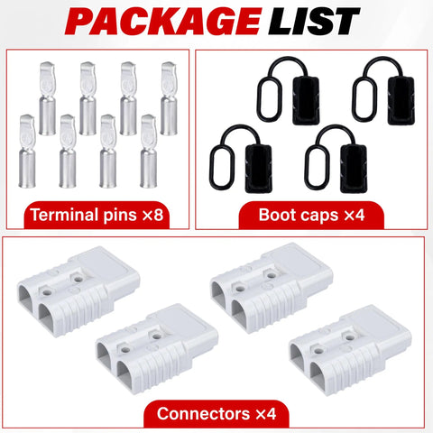 Four Pack 50 Amp Battery Quick Connectors For Anderson Style Connectors Heavy Duty 6 To 12 Gauge Wire Patches For 12V 24V Or 36V Systems No Fuss Plug And Play Install, package contents