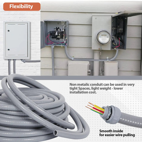 Half Inch Liquid Tight PVC Conduit Kit With 100 Feet, Ten Connectors, Five Straight And Five Ninety Degree Fittings, Grey, UL Certified