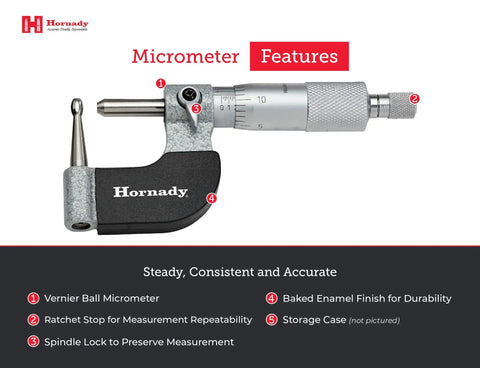 Vernier Ball Micrometer 050059 For Case Neck Thickness, Precision To 0.0001 Inch, 1 Inch Range, Ratchet Stop, Spindle Lock