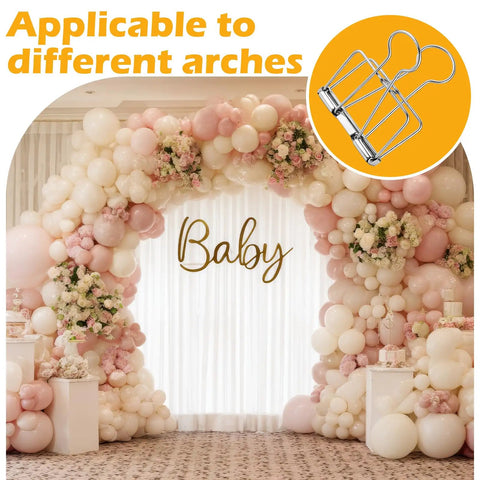 Balloon arch with flowers and 'Baby' sign, showcasing 8 Pack Heavy Duty Balloon Arch Clips Set for secure setup.
