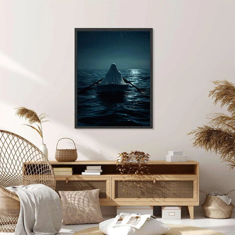 Moody Night Ocean Ghost Rowing Boat Poster Canvas Print With Gothic Minimalist Aesthetic Frame for Living Room 24x36 inches
