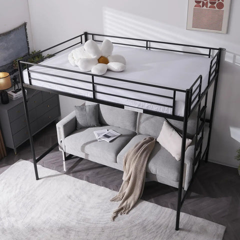 Heavy Duty Full Size Loft Bed With Solid Steel Frame And Flat Rungs For Teens And Adults Built Extra Tough For Years Of Chill Vibes Four Hundred Forty Pound Weight Limit No Box Spring Needed Sleek Black Space Saver with a plush white flower pillow on top.