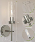 Seasonize Sand Nickle Battery Operated Wall Sconce Set of 2 with clear glass shade and nickel body, 15.7 inches tall.