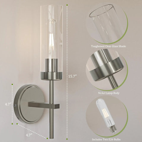 Seasonize Sand Nickle Battery Operated Wall Sconce Set of 2 with clear glass shade and nickel body, 15.7 inches tall.