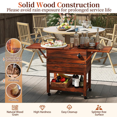 54 Quart Wooden Patio Cooler Cart With Wheels And Foldable Side Shelves Bottle Opener And Bottom Storage Insulated Beverage Cooler For Deck Poolside And BBQ Party Keeps Drinks Ice Cold For 3-4 Hours