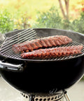 22 Inch Round Hinged Stainless Steel Cooking Grate Replacement For Charcoal Grills With Flip Up Sides in action with ribs