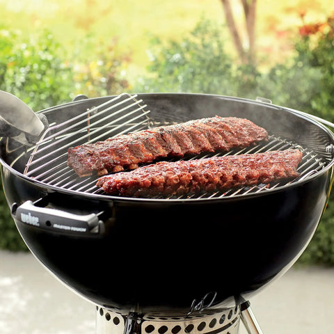 22 Inch Round Hinged Stainless Steel Cooking Grate Replacement For Charcoal Grills With Flip Up Sides in action with ribs