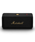Emberton II Portable Bluetooth Speaker With 360 Degree True Stereophonic Sound, black and brass finish, front view with logo