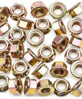 Kickass Serrated Exhaust Spin Lock Nuts M10-1.25 Flange OD 19mm Hex 14mm Compatible With Honda Accord Civic CRV Pilot Heavy Duty Metal Hardware Repair Pack Of Thirty on white background.