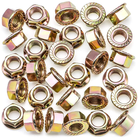 Kickass Serrated Exhaust Spin Lock Nuts M10-1.25 Flange OD 19mm Hex 14mm Compatible With Honda Accord Civic CRV Pilot Heavy Duty Metal Hardware Repair Pack Of Thirty on white background.