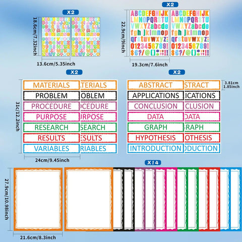 Colorful Self Adhesive Science Fair Display Kit With 22 Sheets Of Subtitles, Project Titles, And Letter Stickers layout.