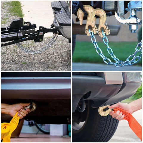 Front view: Lechansen 3/8 in Grade 80 clevis grab hook chain on trailer hitch (4-pack)
Close-up: Lechansen 3/8 in Grade 80 clevis grab hooks and chain links
Installed under vehicle: strap attached to hitch with hook and chain
Rear-mounted: tow strap secured to hitch with Grade 80 clevis hook