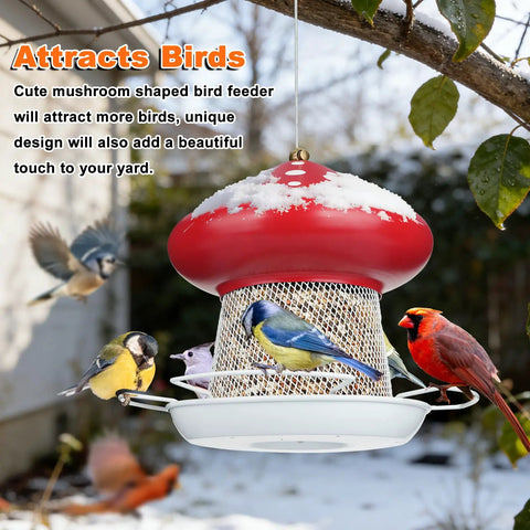 Heavy Duty Metal Mushroom Bird Feeder For Outdoor Hanging In The Garden Or Yard, attracting colorful wild birds.