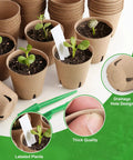 Close-up of the 120 Pack 3.15 Inch Peat Pots For Seedlings Garden Germination Starter Kit With 30 Plant Labels And 2 Transplant Tools displayed.