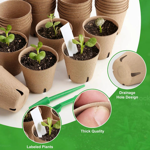 Close-up of the 120 Pack 3.15 Inch Peat Pots For Seedlings Garden Germination Starter Kit With 30 Plant Labels And 2 Transplant Tools displayed.