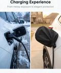 Straight Up Solid EV Charger Cover Oxford Fabric All Weather Charging Port Protector magnetic seal in use protecting EV charging port from snow.