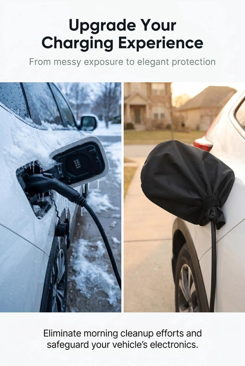 Straight Up Solid EV Charger Cover Oxford Fabric All Weather Charging Port Protector magnetic seal in use protecting EV charging port from snow.