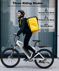 Rider with delivery backpack on Beast Of An All Terrain Electric Bike For Adults With 500W Peak Motor 20 MPH Top Speed