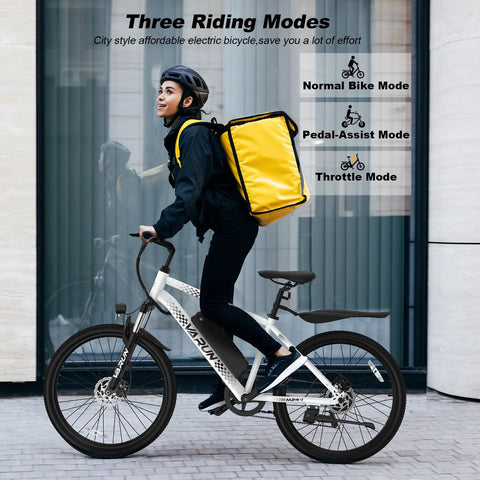 Rider with delivery backpack on Beast Of An All Terrain Electric Bike For Adults With 500W Peak Motor 20 MPH Top Speed