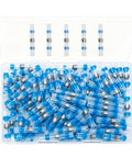 100 Pack 16 To 14 Awg Solder Seal Butt Connectors Blue Adhesive Lined Heat Shrink Cable Splices in a clear storage box.
