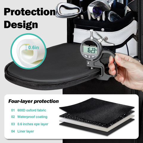 Soft Sided Golf Travel Bag With Wheels Built Tough With 600D Polyester Oxford Wear Resistant Zipper Universal Size 13 By 15 By 50 Inches Easy Roll Club Carrier For Air Travel And Road Trips showing protective cushion design and four-layer protection detail.