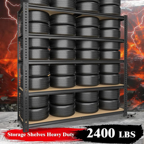 Beefy 5-Tier Heavy Duty Garage Shelving Unit, Adjustable Storage Racks, Supports Up To 2400 Lbs Total, 480 Lbs Per Shelf, Industrial Steel Shelves For Garage, Workshop, And Warehouse, 28 X 12 X 60 Inches with tires stacked on each shelf