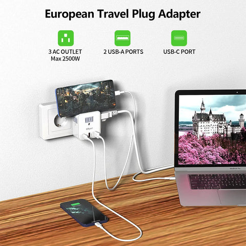 2 Pack All In One European Travel Plug Adapter With 20W PD 3.0 And QC 3.0 Ports, 6 In 1 International Power Hub in use