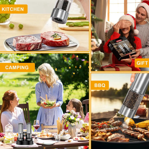 Electric Salt And Pepper Grinder Set USB Rechargeable with External Coarseness Control in various settings like kitchen, BBQ, and camping.