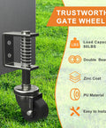 2 Inch Gate Caster Wheel For Wooden Gates, 360 Degree Swivel, Spring Loaded, 80 Pound Capacity, black gate wheel shown on grass
