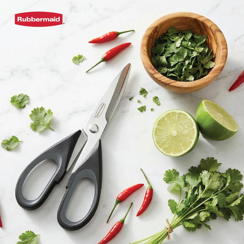 All Purpose Kitchen Scissors Heavy Duty Stainless Steel Shears With Protective Sheath For Food Meat Poultry And Herbs, Dishwasher Safe, Comfort Grip Black close-up with herbs and limes