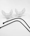 Two silicone diving mouthpieces clear shown with tie straps; part of 6 Pack Silicone Diving Mouthpieces Clear With Tie Strap For Breathing Tubes Snorkel Gear Accessory Kit Universal Caliber Fits Most Tubes Food Grade Silicone Disinfection Vacuum Packaging.