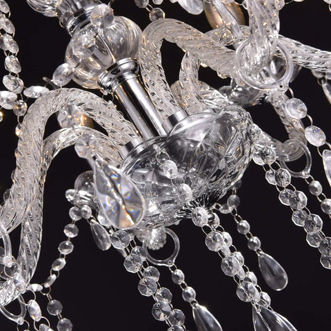 Close-up of Dope Modern 12 Light K9 Crystal Chandelier Pendant Ceiling Light with clear glass drops and stainless steel frame