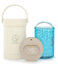 Road Trip Ready Breast Milk Cooler With Digital Temp Gauge, 2L stainless steel carrier with thermometer and blue glass jar.