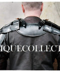 Back view of Medieval Blackened Pauldrons And Gorget Set for Berserk Guts Style Armor with leather straps, size M to L.