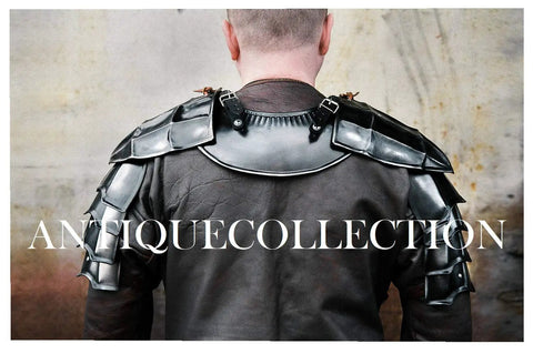 Back view of Medieval Blackened Pauldrons And Gorget Set for Berserk Guts Style Armor with leather straps, size M to L.