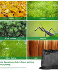 Upgrade 24 By 26 Inch Pump Barrier Bag For Pond Filter Box Black Media Bag Mesh Bag with images of leaves, grass, hair, and debris