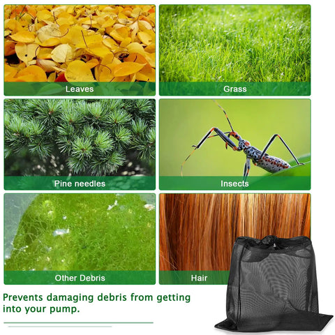 Upgrade 24 By 26 Inch Pump Barrier Bag For Pond Filter Box Black Media Bag Mesh Bag with images of leaves, grass, hair, and debris