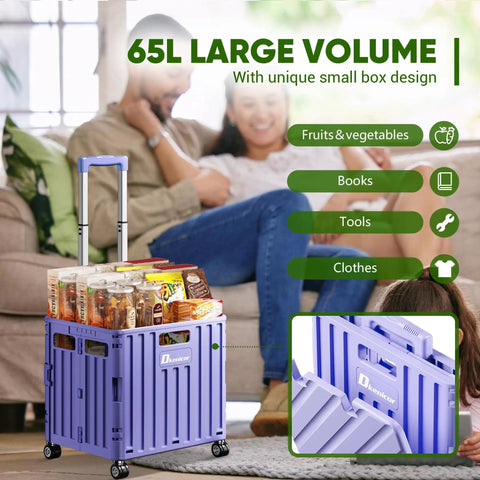 Beast Folding Utility Cart With Lid 65L Capacity Portable Rolling Cart filled with groceries in living room