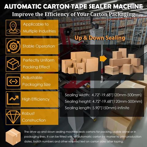 Pro Grade Automatic Carton Sealer Featuring Double Flap Tape Sealing Machine with adjustable sizes and robust construction.