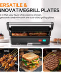 Upgrade Your Kitchen Game With This 1000W Panini Press And Grill showing dual-sided grill plates cooking meat and sandwiches