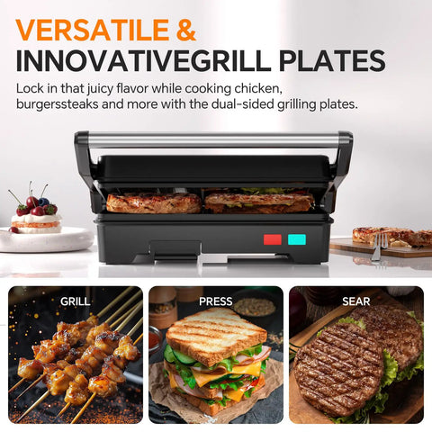 Upgrade Your Kitchen Game With This 1000W Panini Press And Grill showing dual-sided grill plates cooking meat and sandwiches