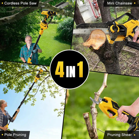Slick 4 In 1 Cordless Pole Saw And Electric Pruning Shears Kit featuring mini chainsaw and pole pruning tools for effective yard work.