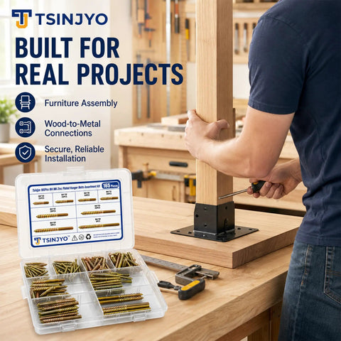 Person assembling wood furniture using 165 Piece M4 And M6 Zinc Plated Hanger Bolts Kit With Double Headed Self Tapping Dowels.