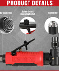 Air Pro Grade Right Angle Die Grinder 1/4 Inch Pneumatic, 20000 RPM, 90 Degree Head showing air inlet filter, safety lock, clamp nut