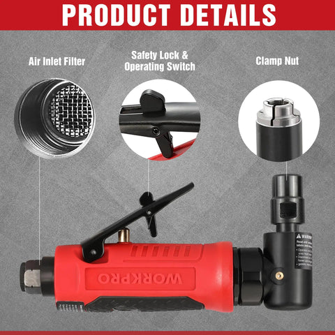 Air Pro Grade Right Angle Die Grinder 1/4 Inch Pneumatic, 20000 RPM, 90 Degree Head showing air inlet filter, safety lock, clamp nut