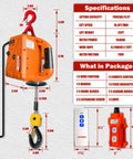 Front view of orange 3-in-1 electric hoist winch with wired and wireless remote control and hook.