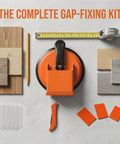 Floor Gap Fixer Tool Kit With Heavy Duty Suction Cup For Laminate Vinyl Or Tile Floors Includes 5 Adhesive Stickers, 3 Cushion Pads, And 1 Seam Knife For Quick DIY Gap Repair displayed with components.