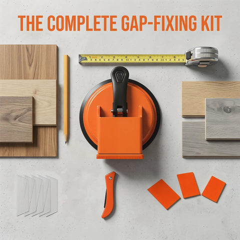 Floor Gap Fixer Tool Kit With Heavy Duty Suction Cup For Laminate Vinyl Or Tile Floors Includes 5 Adhesive Stickers, 3 Cushion Pads, And 1 Seam Knife For Quick DIY Gap Repair displayed with components.