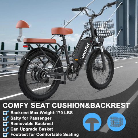 Two Seat Electric Bike For Adults With Rear Seat And Front Basket, Peak 1000W Ebike, 48V 13Ah Battery, shown on a road